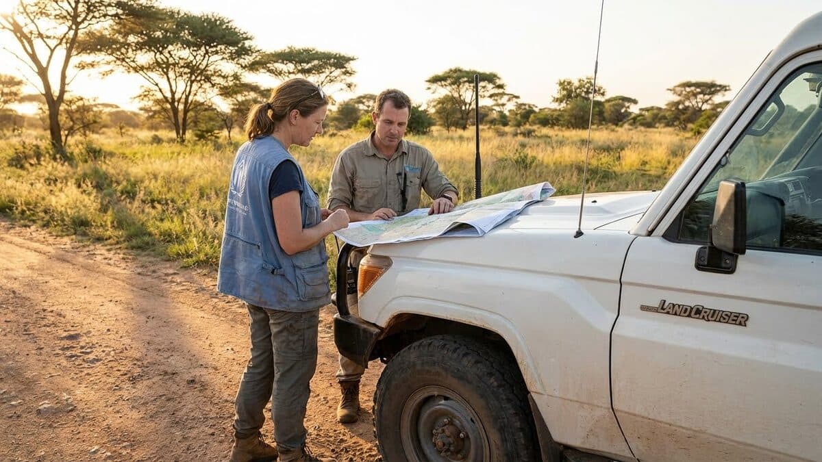 Humanitarian aid workers consulting a map beside a vehicle in the field, demonstrating the type of professionals who benefit from HEFAT training