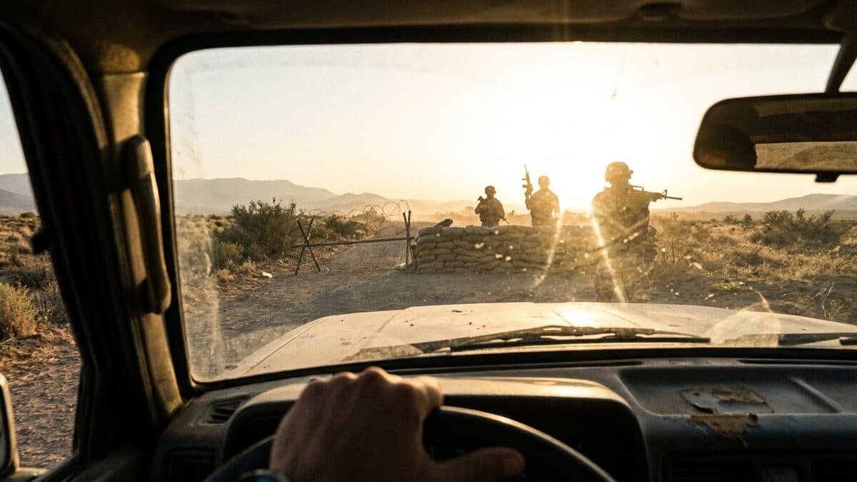 View from inside a vehicle approaching a checkpoint during HEFAT training, demonstrating vehicle security procedures