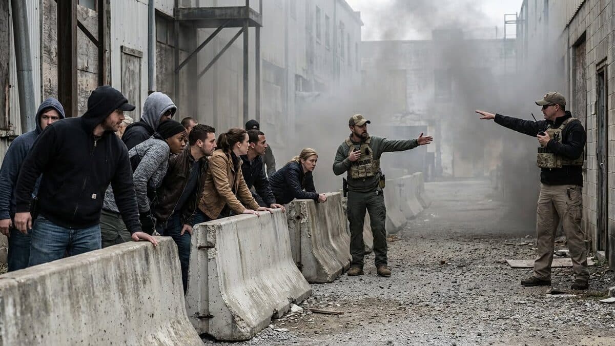 HEFAT trainees taking cover during a realistic scenario training exercise with instructor guidance