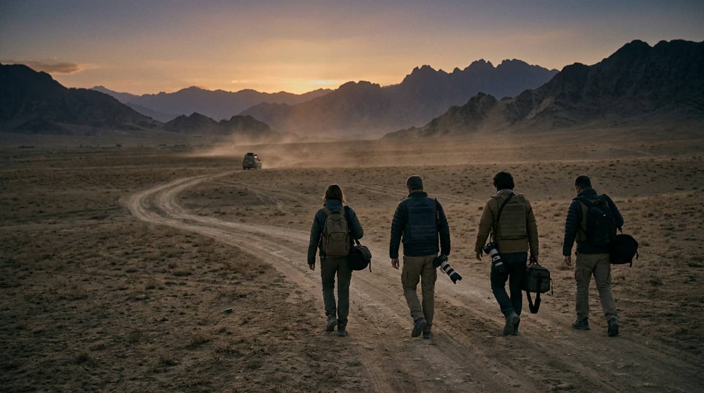 A media team crossing a desert valley at dusk