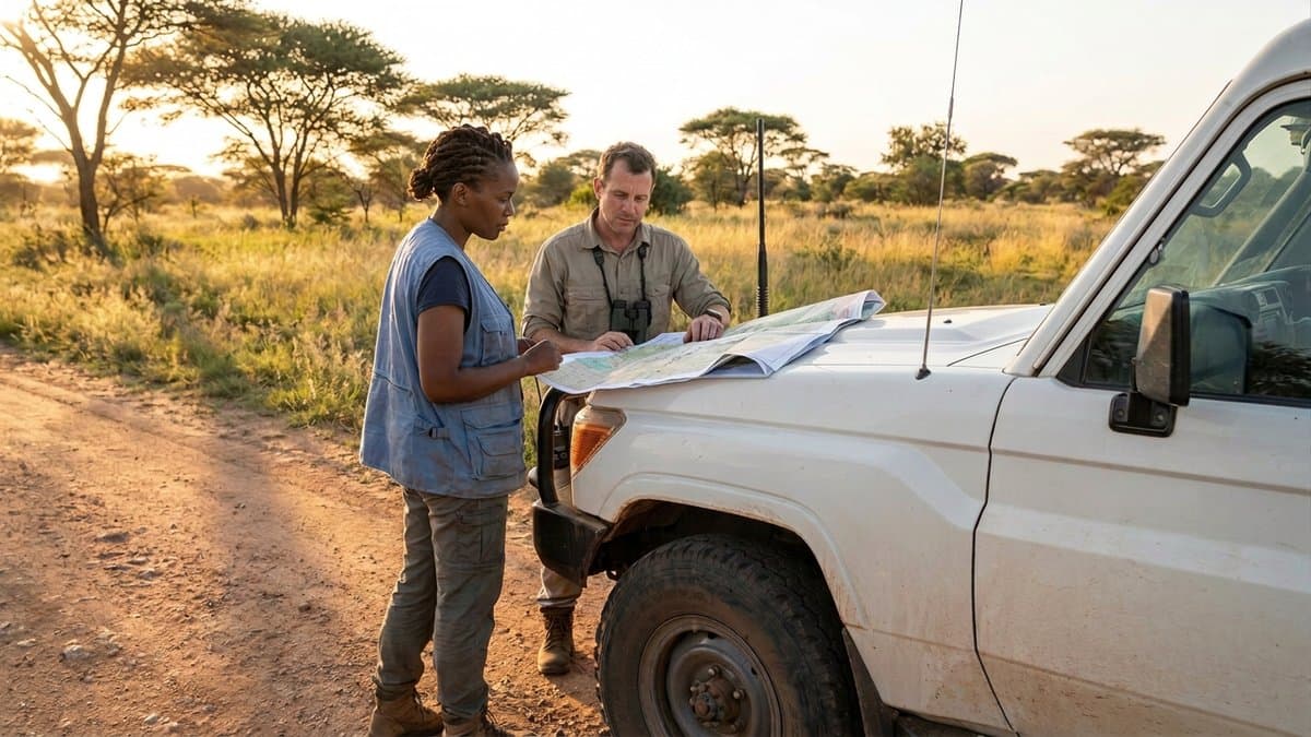 Humanitarian aid workers consulting a map beside a vehicle in the field, demonstrating the type of professionals who benefit from HEFAT training