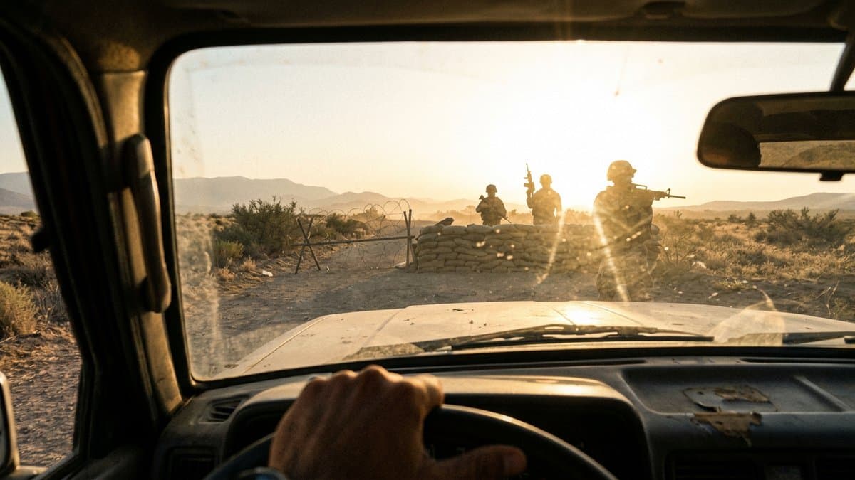 View from inside a vehicle approaching a checkpoint during HEFAT training, demonstrating vehicle security procedures