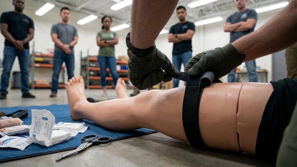 Close-up of hands applying a tourniquet during HEFAT medical training, demonstrating trauma care techniques
