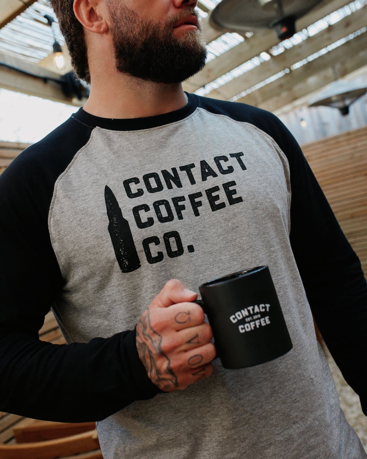 Contact Coffee Baseball Long Sleeve, Heather Grey / Black - Image 1