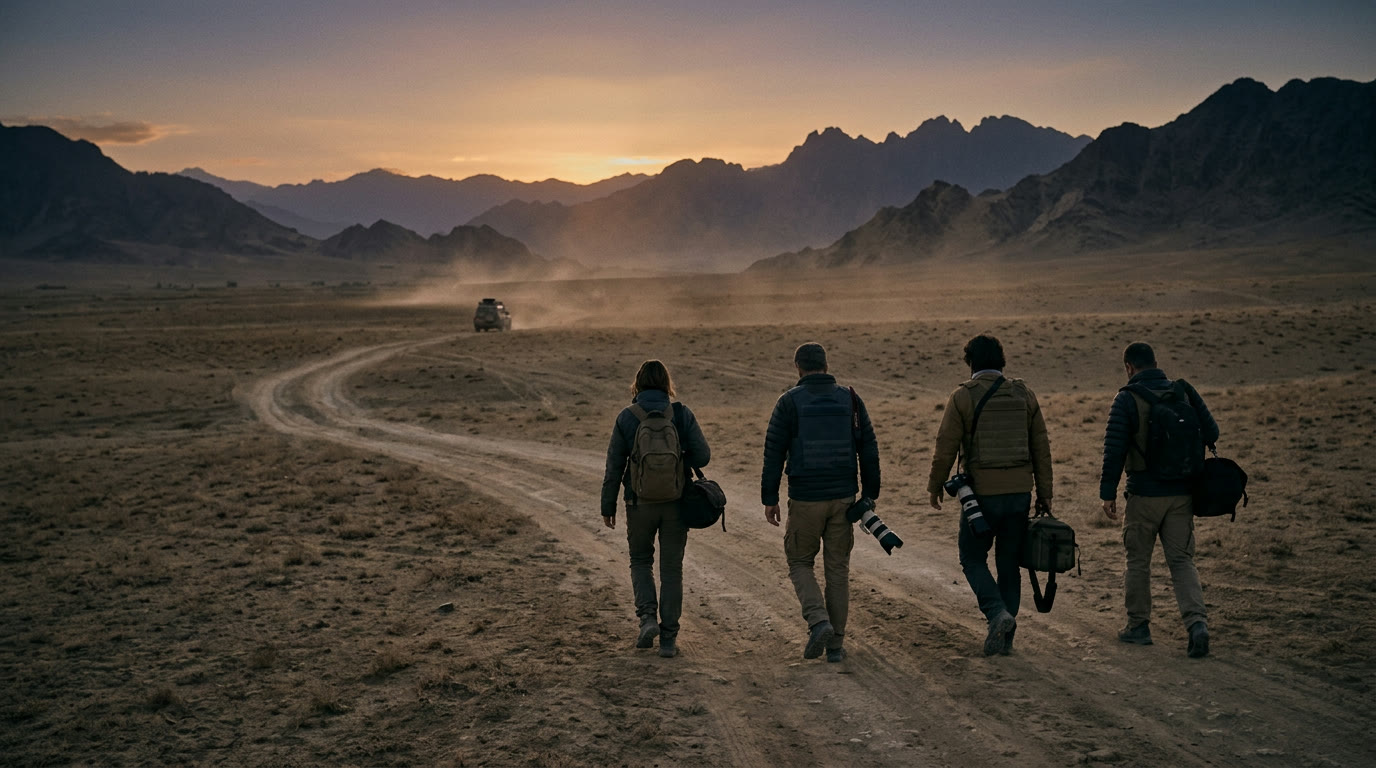 A media team crossing a desert valley at dusk